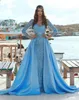 2019 Abendkleider im Meerjungfrau-Stil mit abnehmbarer Schleppe, durchsichtigem Ausschnitt, Kristallperlen, Spitze, langen Ärmeln, himmelblau, Verlobungskleid, formelle Kleider