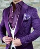 Nya ankomst män passar lila mönster och elfenben brudgummen tuxedos sjal satin lapel groomsms bröllop bästa man (jacka + byxor + väst + slips) L415