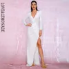 LoveLemonade Sexy Branco Profundo Decote Em V Corte Mangas Puff Glitter Lantejoulas Material Elástico Maxi Vestido LM81715 Outono Inverno CJ1912228u