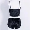 Mulheres Sleepwear Mulheres Sexy Veludo Two-Peça Lingerie Crop Top + Shorts Lace Nightwear Underwear Sets Black Rosa Cinza