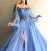 Vestidos de noite muçulmanos azul 2019 mangas compridas em linha de tule lado tulle slit pérolas islâmica dubai saudita árabe longo vestido de noite formal bairro