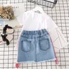 bambini abiti firmati ragazze abiti bambini rosa top ricamato + gonne di jeans con foro 2 pezzi / set 2021 estate boutique set di abbigliamento per bambini C6524