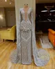 2020 Sparkly Pełne Cekinowe Długie Rękawy Syrenki Suknie Wieczorowe z Wrap Luksusowy Srebrny Prom Dress Formal Party Pageant Suknie