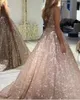 Sequined Illusion Sparkly Evening Dresses 2019 V-Neck Train Backless Lång Formell Party Gown Luxury Charming Special Occasion Dresses Vestido