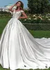 A Elegant Satin Line Dresses Sheer Neck Cap Sleeves 3D Floral Lace Applique Sweep Train Wedding Dress Bridal Gowns with Button Back pplique