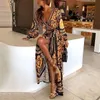 2019 Ny stil Mode Elegant Kvinnor Sexig Båt Neck Glitter Deep V Neck Print Party Dress Formell Lång Klänning Sexig Clubwear