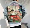 Şeytan El baskı Erkekler Denim Ceket Karikatür Graffiti Baskı Gevşek Coats Vintage Hip Hop Boş Dış Giyim L290 S191019 boyalı