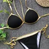 Wholesale-Women Sexy Two Piece Bikini Set Padded Strappy Halter Bra Glitter Gold Faux Leather Brim Side Tie Knot Mesh Patchwork Thong