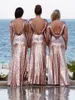 New Sparkly Rose Gold Sequined Long Bridesmaid Dresses One Shoulder Jewel Neck Open Back Sweep Train Plus Size Mermaid Party Gowns Custom