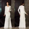 Blanc Longue Mère De La Robe De Mariée Deux Pièces Perles En Mousseline De Soie Longueur De Plancher De Mere Robes De Soirée