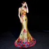 블루 자수 중국 전통 가운 현대 Qipao 웨딩 치파오 긴 이브닝 파티 드레스 여성 섹시한 등이없는 vestido