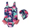 Çocuklar Mayo Swan fırfır Kızlar Bikini Swim Bebek Flamingo Çiçek Mayo Karikatür Çizgili Mayo Tankini Moda tulum BYP5206 Caps