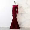 Bateau Neck Velvet Mermaid Evening Dresses with Lace Appliques 2019 Long Sleeve Evening Gown Burgundy Color