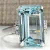 Wholesale-Silver Color Ring Elegant Big Sea Blue Zircon Rhinestone Crystal Ring Women Lady Wedding Bride Party Rings Jewelry