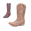 Venda Quente - Bordado Rosto Rodeo Vaqueiro Ocidental Botas para Mulheres Pu Couro Cowgirl Botas Baixas Saltos Sapatos Mulher Equitação