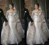 샴페인 레이스 긴 소매 인어 웨딩 드레스 2020 플러스 사이즈 분리 가능한 치마 기차 얇은 명주 그물 웨딩 드레스 Vestidos de Novia Mulslim