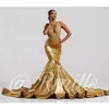 Sexy Gold Mermaid Prom Dresses Long Halter Neck Deep V Neck Lace Aplikacja Backless Formalna sukienka Evention Wear Vestidos de Fiesta Largos