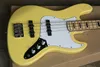 Factory Custom 4-String Yellow Electric Bass Guitar with Black Inlay and Chrome Hardware,White Pickguard,Offer Customized