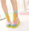 Vendita-Spedizione calda PVC trasparente da donna colorato cristallino appartamenti tacchi scarpe da acqua femminile Rainboot Martin stivali da pioggia