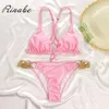 Rinabe Bikini Women 2020 Cross Bandage Swimsuit Solid Swimwear Woman Bathing Suit Shiny Bikini Set Biquini High Quality Bikinis