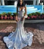 Sexy Sliver Black Girls Sequined Mermaid Prom Dresses Deep V Neck Open Back Sweep Strain Formal Dress Evening Wear Party Gowns ogstuff