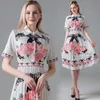 Nowy Hot 2020 Letni Runway Kobiety Fashon Lapel Plisowany Koszula Sukienka Eleganckie Ladies Floral Print Slim Casual Office Button Sukienki z krótkim rękawem