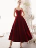 Red Vintage Ankle Length Short A-line velvet Modest Wedding Dresses With Straps Women Simple Informal Non White velour Bridal Gowns