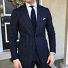 Marynarki Wojennej Blue Strips Groom Tuxedos Notch Lapel Mężczyźni Ślub Tuxedo Popularna Kurtka Blazer Mężczyźni Prom Dinner Custom Made (Kurtka + Spodnie + Krawat) 1283