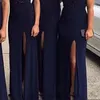 2021 Dark Navy Satin Bridesmaid Dresses Long High Split Sexy Backless Maid Of Honor Gowns Sweetheart Lace Wedding Guest Party Dress AL4157