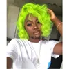 Parrucca bob per capelli umani di simulazione verde di alta qualità, onda profonda, parrucche frontali in pizzo, capelli in fibra resistente al calore per donne afroamericane