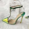 Envío gratis diseñador de moda bombas tacones puntiagudos amarillo verde serpiente pitón T correa con espiga correa de tobillo mujer dama mujer verano