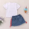 Conjunto de roupas de bebê com estampa de rosas, camiseta de manga curta de algodão com saia jeans rasgada, conjunto casual de verão 1905234703418