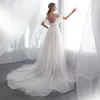 Utanför axeln Sheer Neck Prom Klänningar Ruffle Lignt Champagne Lining Lace Formell Eveing ​​Party Gown Lace-up Backless Bridal Gown