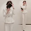 Dwa kawałek sukienka Dwuczęściowy profesjonalny garnitur Kobieta 2021 Wiosna Koreański Temperament Długą rękawową Kurtka Wysoka Talia Szerokie spodnie nóg