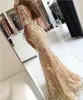 2018 Elegant Champagne Lace Mermaid Evening Klänningar Sheer Neck Half Sleeves Öppet Tillbaka Prom Klänning Lång Formell Party Kappor Golvlängd