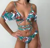 Hot Sale Off The Shoulder Print Ruffled Bikini Mujer 2018 Nya Sexiga Badkläder Kvinnor Baschsuit Brazilian Bikini Set Thong Biquinis T200114