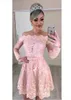 2020 Nieuwe Collectie Roze Puffy Prom Dresses Off Shoulder Illusion Lace Applicaties Lange Mouwen Bow Afneembare Trein Party Avondjurken Slijtage