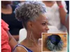 Diva Silver Grey Ponytail Afro Bun Undoの人間の髪の毛パフ灰色の髪の伸びのヘアーピースクリップの巾着ワンピース塩とコショウ