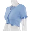 Stretchy Ruffle Sleeve Crop Top Kvinnor Tshirts Sommarknapp Grön Blå Tight Kläder Ribb-Stickad Vanlig Sexig T-shirt