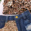 2020 Baby Girl kläder nyfödda barn baby flickor kläder leopard tryck t shirt denim paljett shorts pannband kläder set