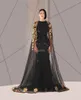 Black Arabic Muslim Evening Dresses Tulle Cloak Gold and Black Sequins Crew Neck Plus Size Mermaid Formal Wear Long Pageant Prom Dress