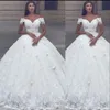 Sexy New Arabic Ball Gown Wedding Dresses Off Shoulder Lace 3D Flowers Beaded Cap Sleeves Princess Floor Length Puffy Plus Size Bridal Gowns