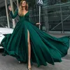 Hunter Green Sexy V Neck Manches longues A-Line Forme Party Robes de soirée High Slit Prom Graduation Robes Vestido de Festa 0510