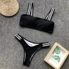 2019 Lato Nowy Sexy Strip Bikinis Kobiety Swimsuit Low Paisted Garnitury kąpielowe Pływać Off Ramię Bikini Set Swimwear Hollow Out Top Bandeau