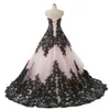 Vestido de Noiva Moda 2020 Preto e Rosa Blush Decote Coração Forma A Linha Laço Costas Vestidos de Noiva Coloridos Online Vestidos De Novia