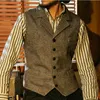 2020 Bristish Casual Groom Gilets Peaked Revers Laine Brun Foncé Chevrons Tweed Garçons D'honneur Tenue Hommes Costume De Bal De Mariage Gilet Robe 12