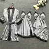 2020 Women Pajamas Sets Satin Sleepwear Silk 4 Pieces Nightwear Pyjama Spaghetti Strap Lace Sleep Lounge Pijama With Chest Pads