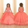 Coral Crystals Beaded Girls Pageant Klänningar 2020 Ärmlösa spets Organza Flower Girl Klänningar Korsett Back pageant klänningar för tonåringar