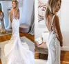 Sexy Lace Sereia Sereia Vestidos de Noiva 2020 Correias Espaguetes 3D Flores Appliques Backless Boho Vestidos Bridais Varredura Trem Vestidos de Novia