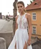 Atrakcyjna Linia Zroszona Plaża Suknie Ślubne Halter Neck Appliqued Side Split Suknie Ślubne Sweep Pociąg Szyfonowy Robe De Mariée